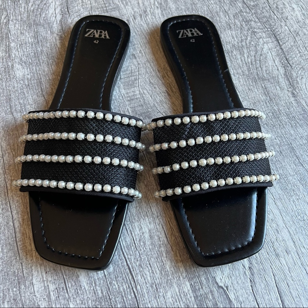 Zara Pearl Mesh Slide Sandals Black Rhinestone Flats Size 42